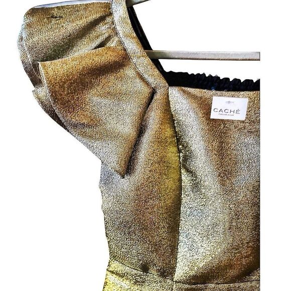 Y2K Festival Cache Gold Metallic Flutter Sleeve cropped Blouse Size XS NWT - Picture 3 of 8